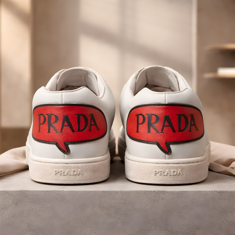 Prada‎ Mens White Leather Speech Bubble Logo Low Top Sneakers Shoes Italy